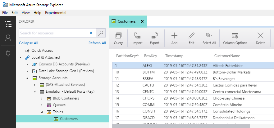 ZS Azure Table Storage Verify Customers Table Data