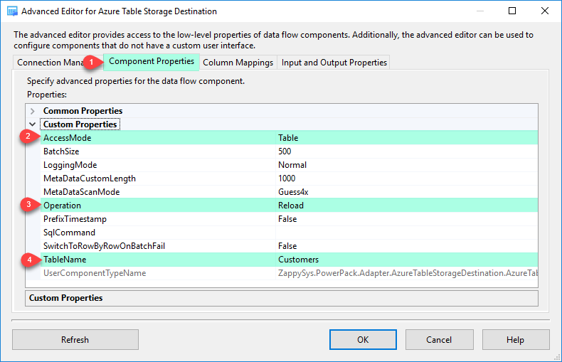 Configure SSIS Azure Table Storage Destination Adapter - Component Tab
