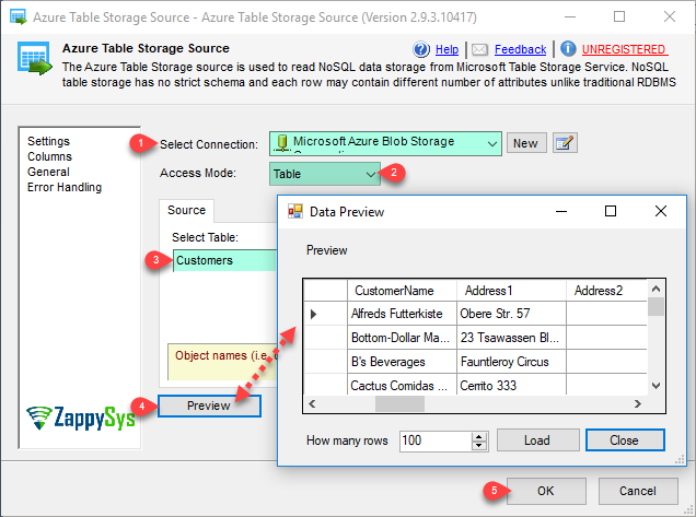 Configure SSIS Azure Table Storage Source Table Data Preview