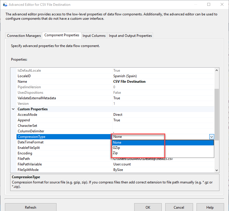 Enable compression to zip and gzip in SSIS