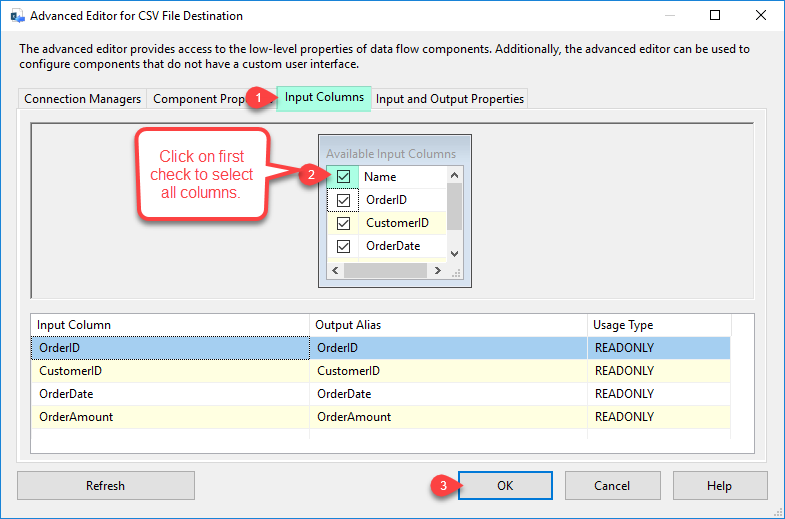 SSIS ZS CSV File Destination - Configure Input column Tab