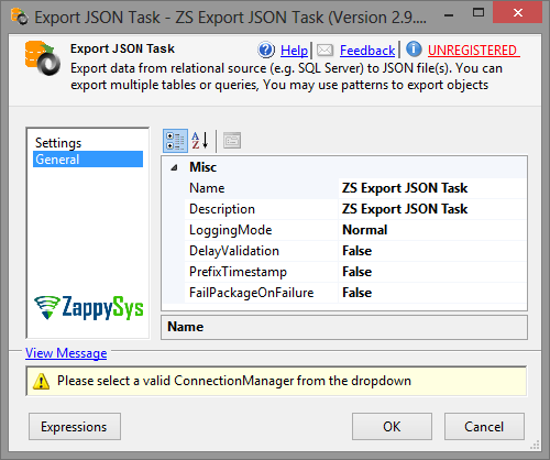 SSIS Export to JSON File Task - Setting UI