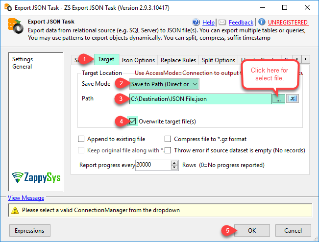 SSIS Export JSON File Task - Select Target Path and other options