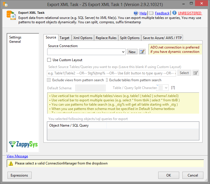 SSIS Export to XML File Task - Setting UI