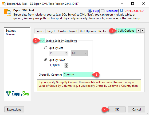 SSIS Export XML File Task - On this screen you can control file splitting options. If you have many records and you don't wish to dump into one big file then use this screen. You can split export records into smaller files. Split by Size, Split By Row Count, You can also Split by Column Value (Group By Column)