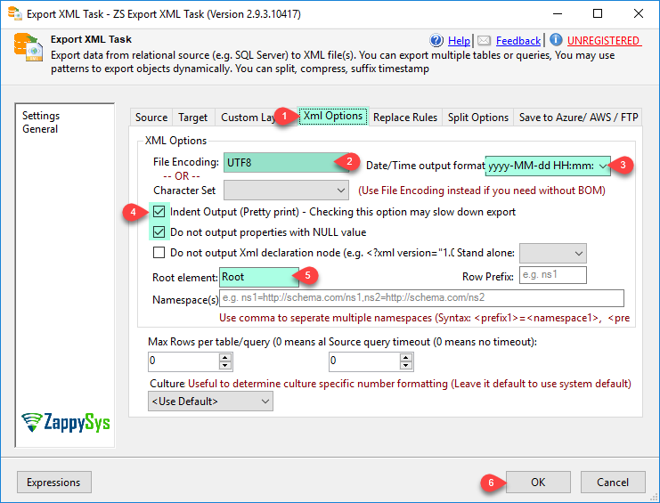 SSIS Export XML Task Options - Here you can define namespace / XML prefix. You can also control many aspects of XML Generation (e.g. Root Node, Declaration, NULL Handling, Encoding, Datetime format and many more). 