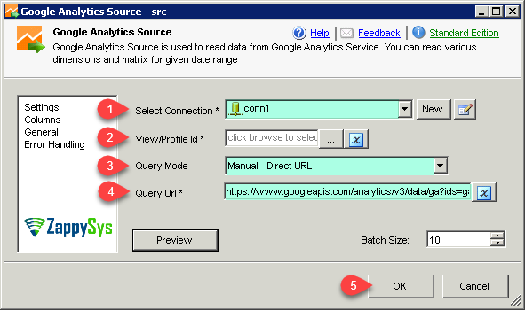 SSIS Google Analytics Connector UI - Manual URL mode (Supply predefined URL)