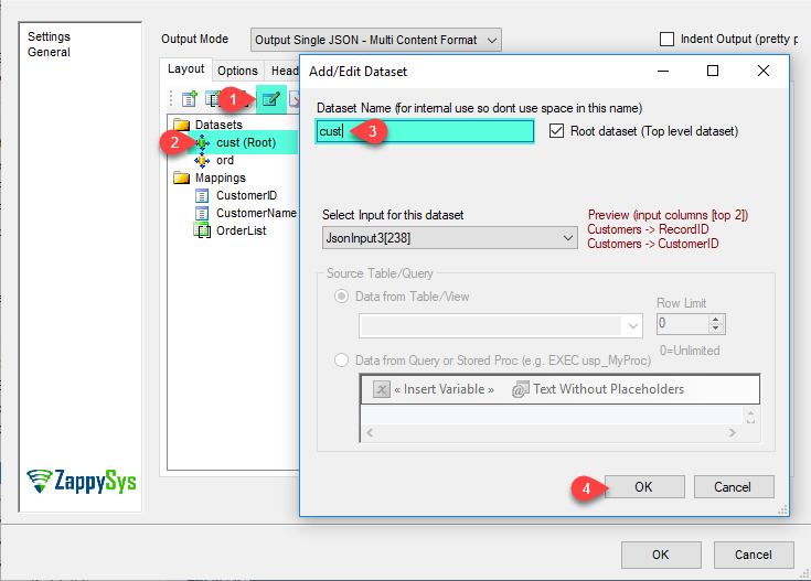 JSON Generator Transform - Add/Edit input Dataset