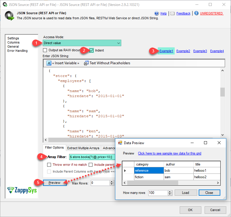 Preview JSON in table format, extract and filter subset using JSONPath expression