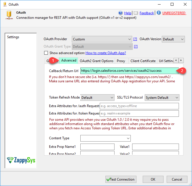 SSIS OAuth Connection - Configure - Advanced Tab