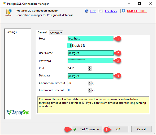 Enter connection attributes to connect to PostgreSQL instance and Click Test connection to verify credentials