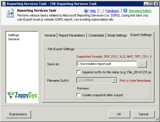 SSIS Reporting Services Task - File export settings screen