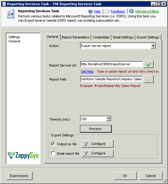 SSIS Reporting Services Task - Export Server Report screen