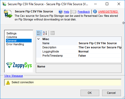 SSIS Secure FTP CSV File Source - Setting UI