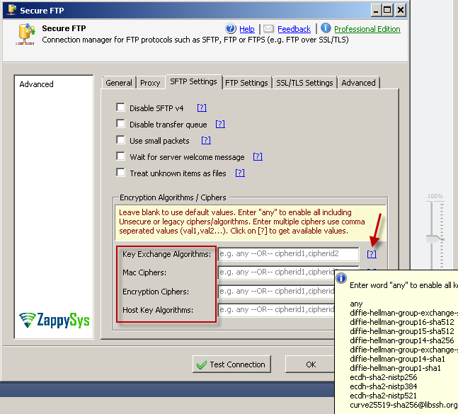 SSIS SFTP Connection Manager supports many Advanced Options for Encryption. For example you can change Key Exchange Algorithms, Mac Ciphers, Encryption Ciphers, Key Exchange Algorithms and many more to gain complete control of your security.