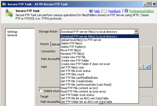 SSIS SFTP Task supports many operations such as Download FTP server files to local directory, Upload local files to FTP server, Delete FTP files, Delete FTP folder(s), Move FTP files, Rename FTP files, Create new FTP file, Create new FTP folder, Create new FTP folder if does not exist, Get FTP files size, Get FTP file exist status, Get FTP files count, Get FTP file Last Modified Date, Get FTP file CreationDate, Get FTP file LastAccessDate (Last Read), Read FTP File content as text, Read FTP File content as byte array, Get FTP folder exist status, Get FTP file list as ADO.net DataTable, Get FTP folder list as ADO.net DataTable