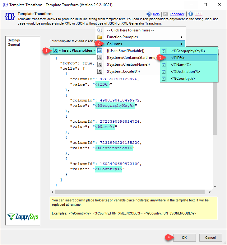Configure SSIS ZS Template Transform to create desired API call