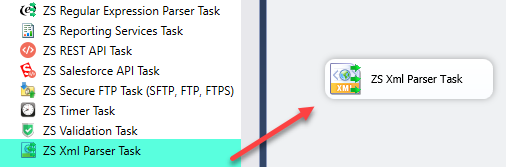 In Visual Studio Project, drag and drop the SSIS ZS Xml Parser Task in the design pane from SSIS Toolbox