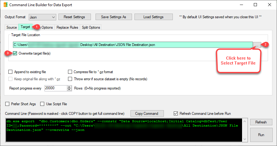 Command Line Builder for JSON, XML, CSV, Excel - Target Options (Append, Compress to GZip)