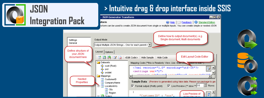 SSIS Export JSON File Task - Intuitive drag and drop interface inside SSIS