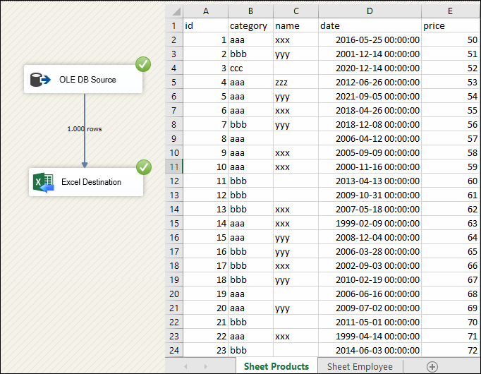 SSIS Excel File Destination run example